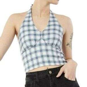 HOLLISTER Blue Plaid Halter Crop Top - Size Large
